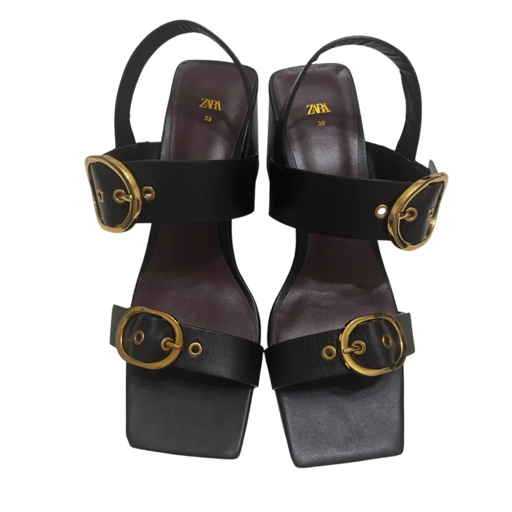 Zara Black Leather Block Heel Buckled Sandals. Size 8 - Picture 6 of 15